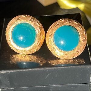 Chanel Vintage Gold Plated and Teal Earrings
